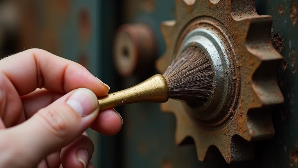 Hand using a brass wire brush on a rusty gear