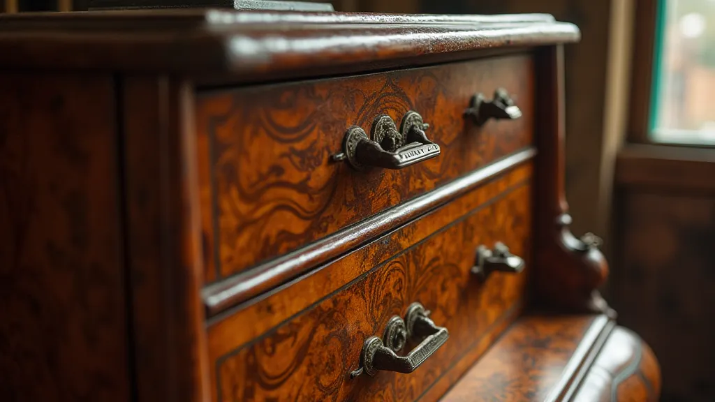 Detailed view of antique phonograph cabinet veneer