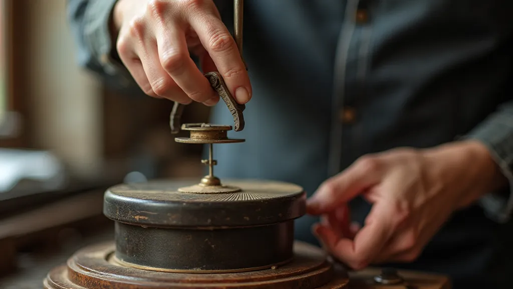 Repairman pinning a phonograph mainspring