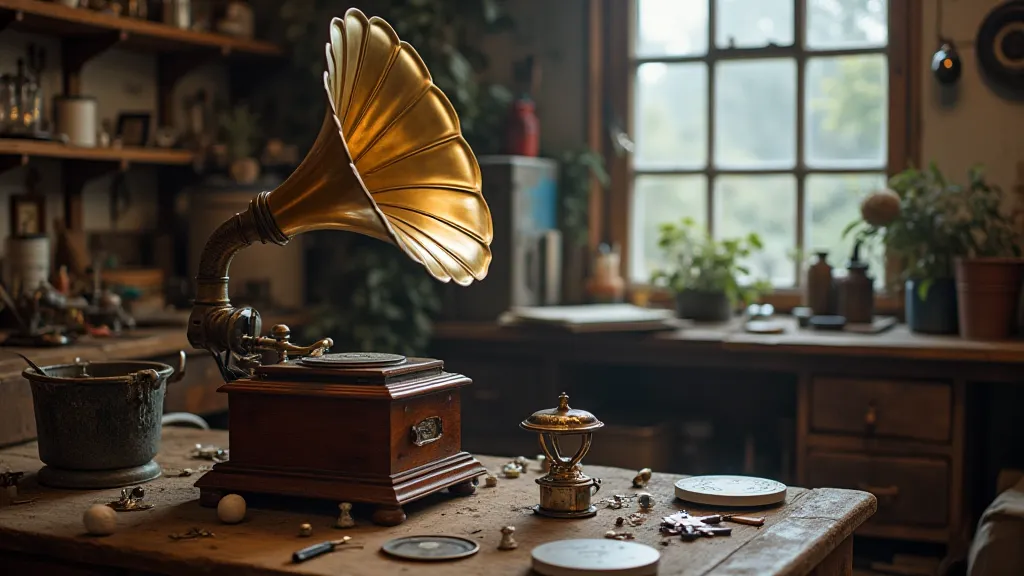 Vintage phonograph being repaired in a workshop