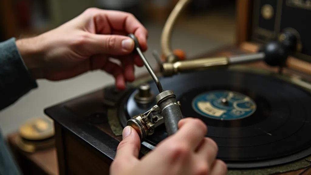 Mechanic repairing a phonograph speed regulation system