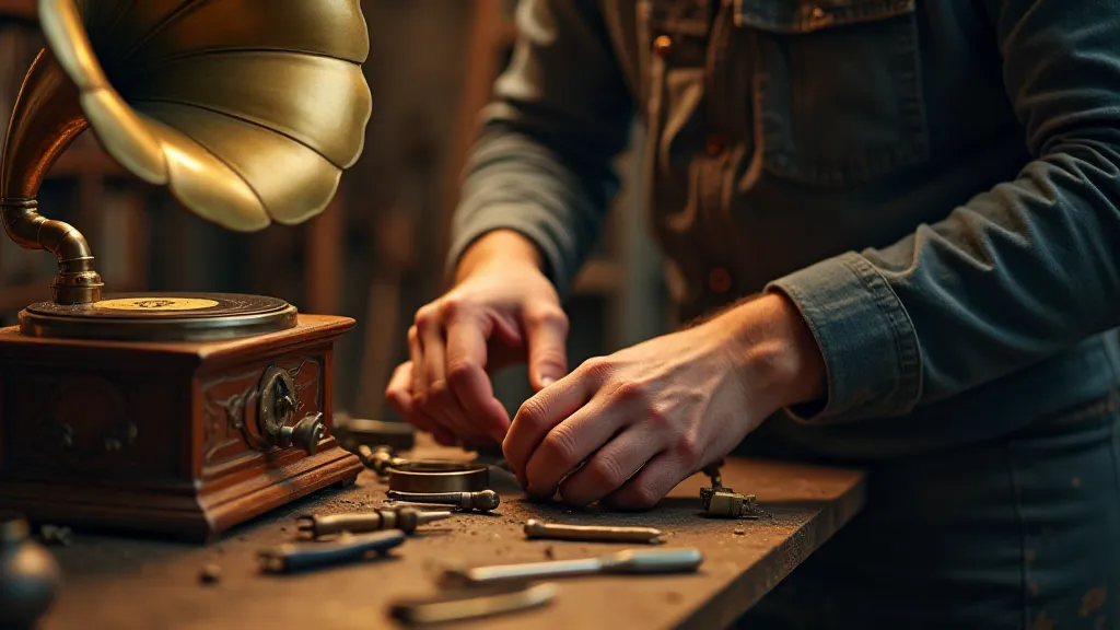 Craftsman repairing a phonograph mechanism
