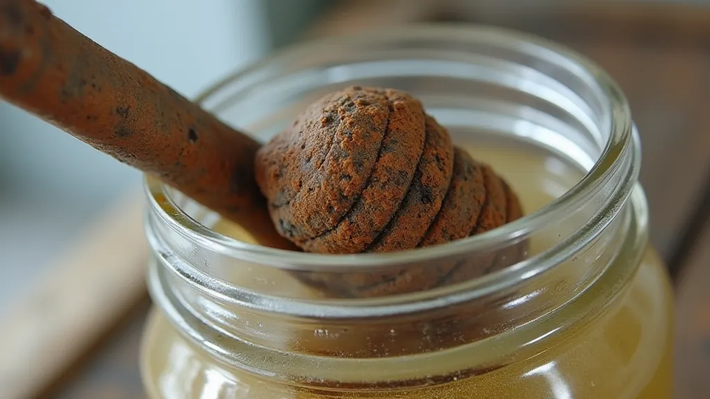 Metal crank handle soaking in vinegar